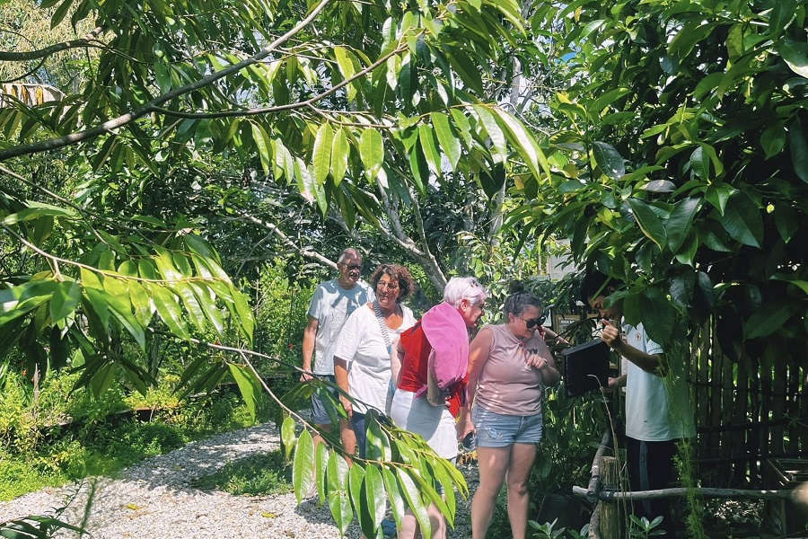 Visitors eagerly watch how the farmer harvests honey