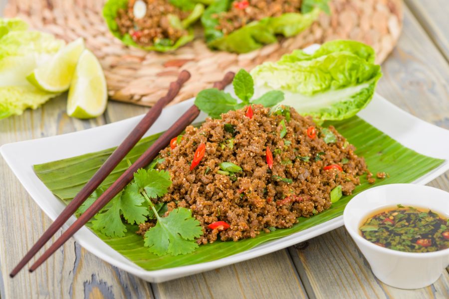 Authentic Lao Larb, a savory minced meat salad with herbs