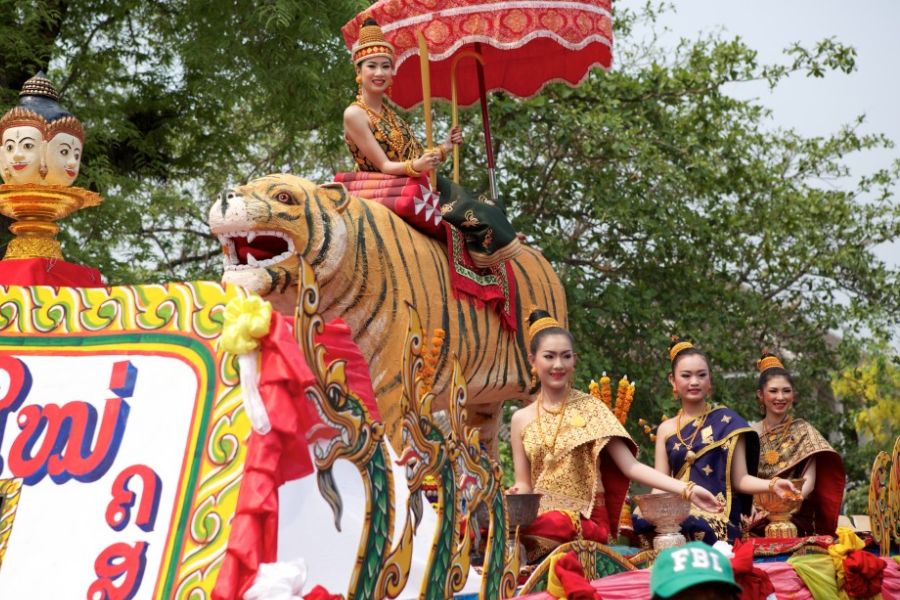 Festive Lao New Year street parade during the Pi Mai celebrations