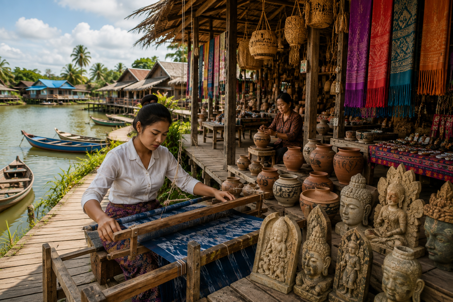 An artisan weaving fabric