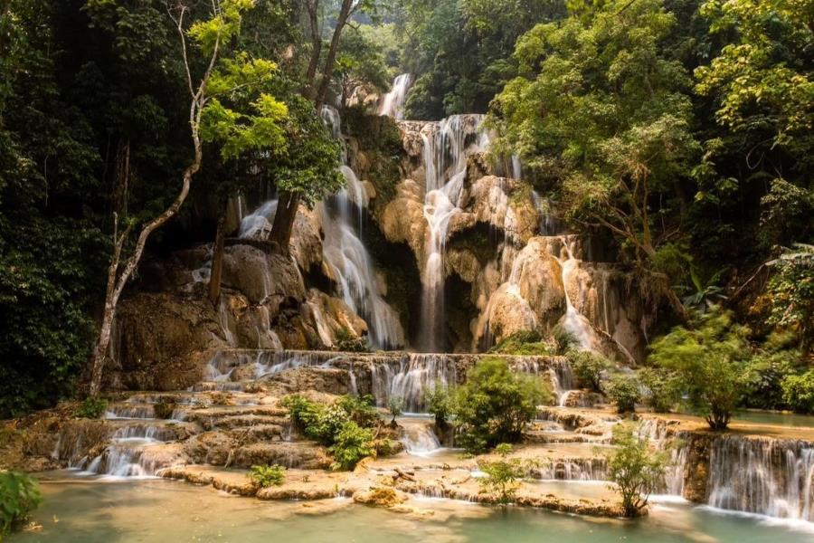 The waterfall is located in a wildlife reserve in Laos