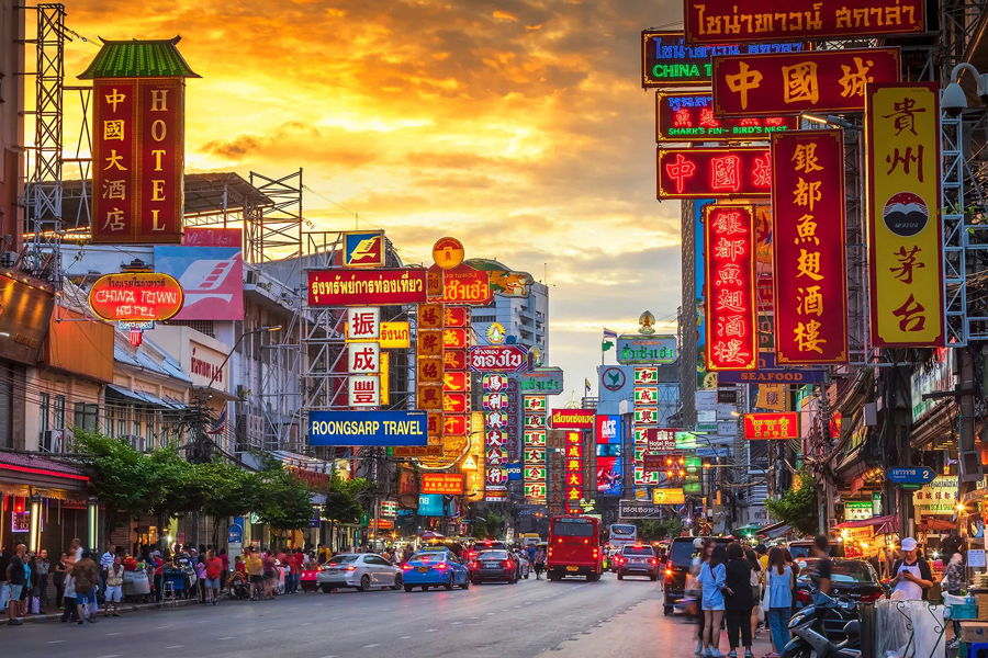Yaowarat Road is a bustling and lively street that stretches through the heart of the Chinatown district