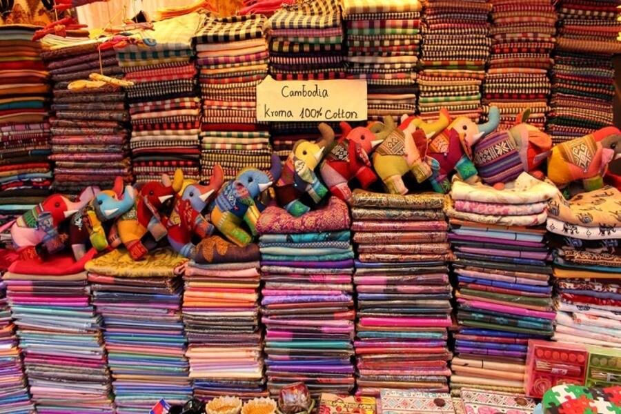 Colorful display of Cambodian crafted goods