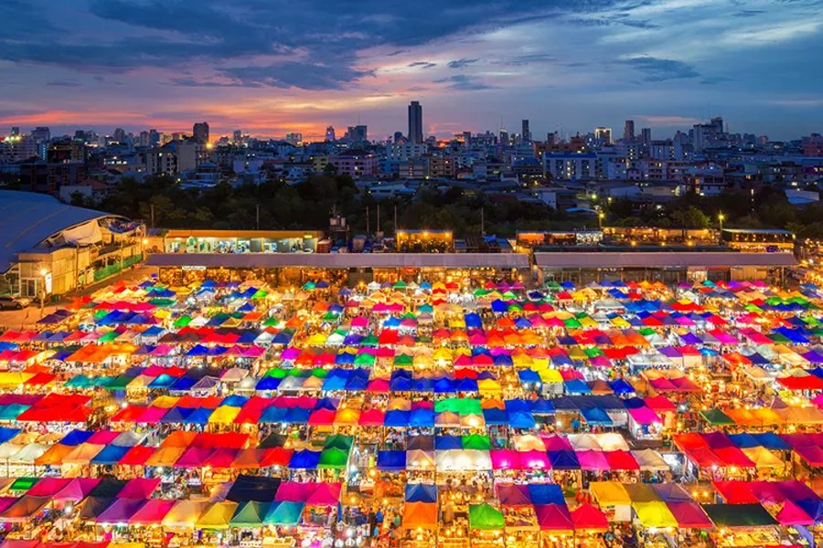 Night view of the sprawling Chatuchak Market in Bangkok