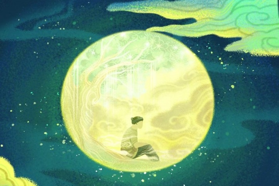 Vietnamese people see the dark patches on the moon as the image of Cuoi sitting under the tree. Artist: Quynh Chu