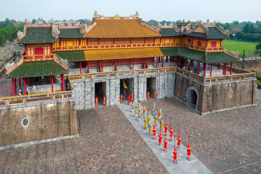 Reenactment of the guards change ceremony in front of Ngo Mon Gate
