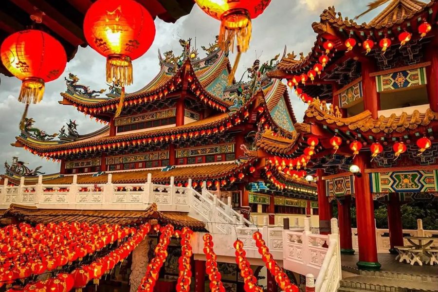 The abundance of red and gold - symbols of luck and fortune - adds to the festive atmosphere.