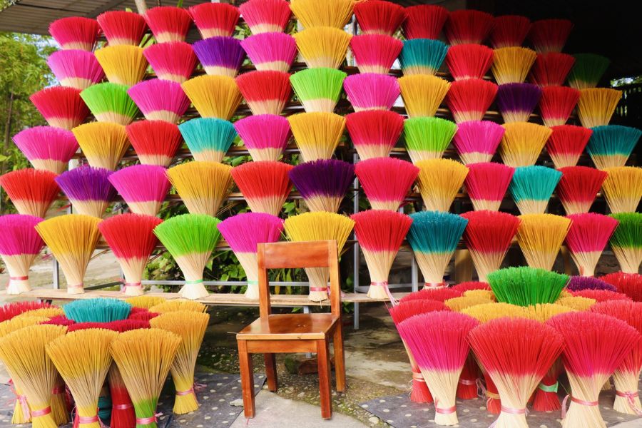 Incense bundles are neatly arranged in the village