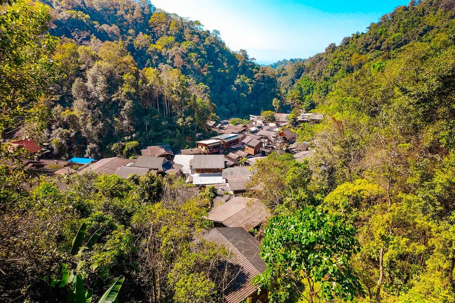 The village is nestled deep within the green mountains