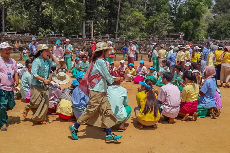 People playing fun Khmer new year traditional folk games