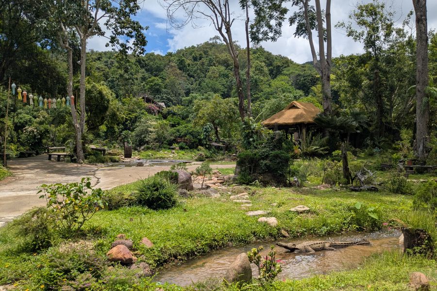 A stunning, lush green landscape featuring a stream and traditional huts in Chiang Mai.