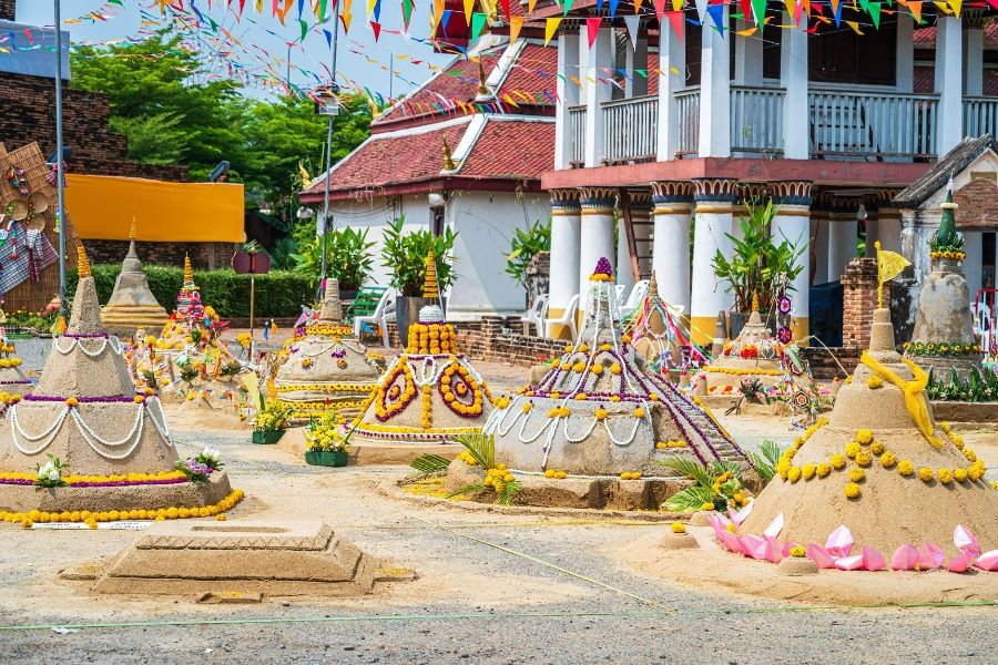 Thai people come to build the Sand Pagoda on Songkran festival in Bangkok