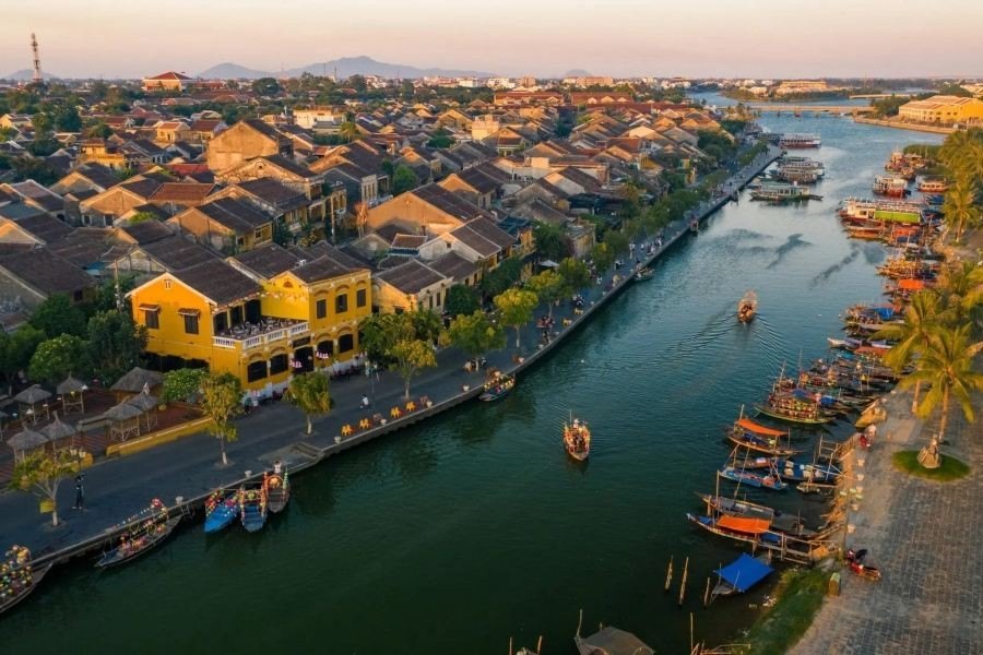 A golden sunset over the ancient town of Hoi An