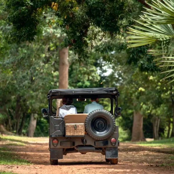 Vintage jeep on a forest track near the Angkor temples