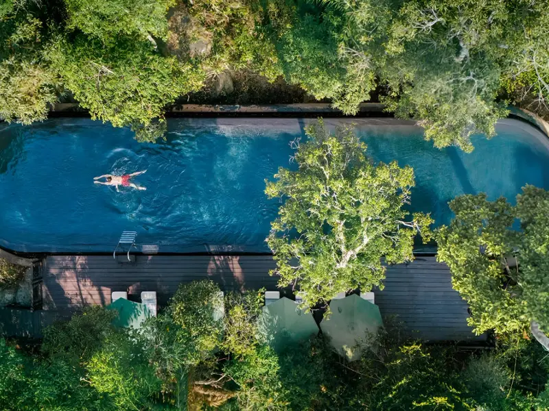 The pool at Shinta Mani Wild from above