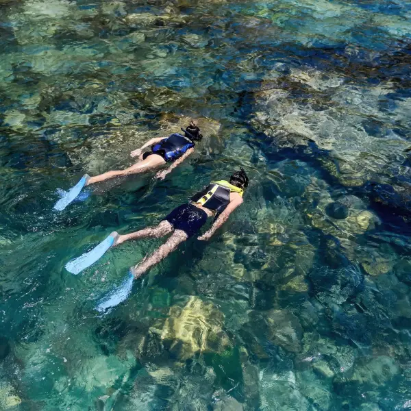 Snorkelling over the reef at Krabey Island